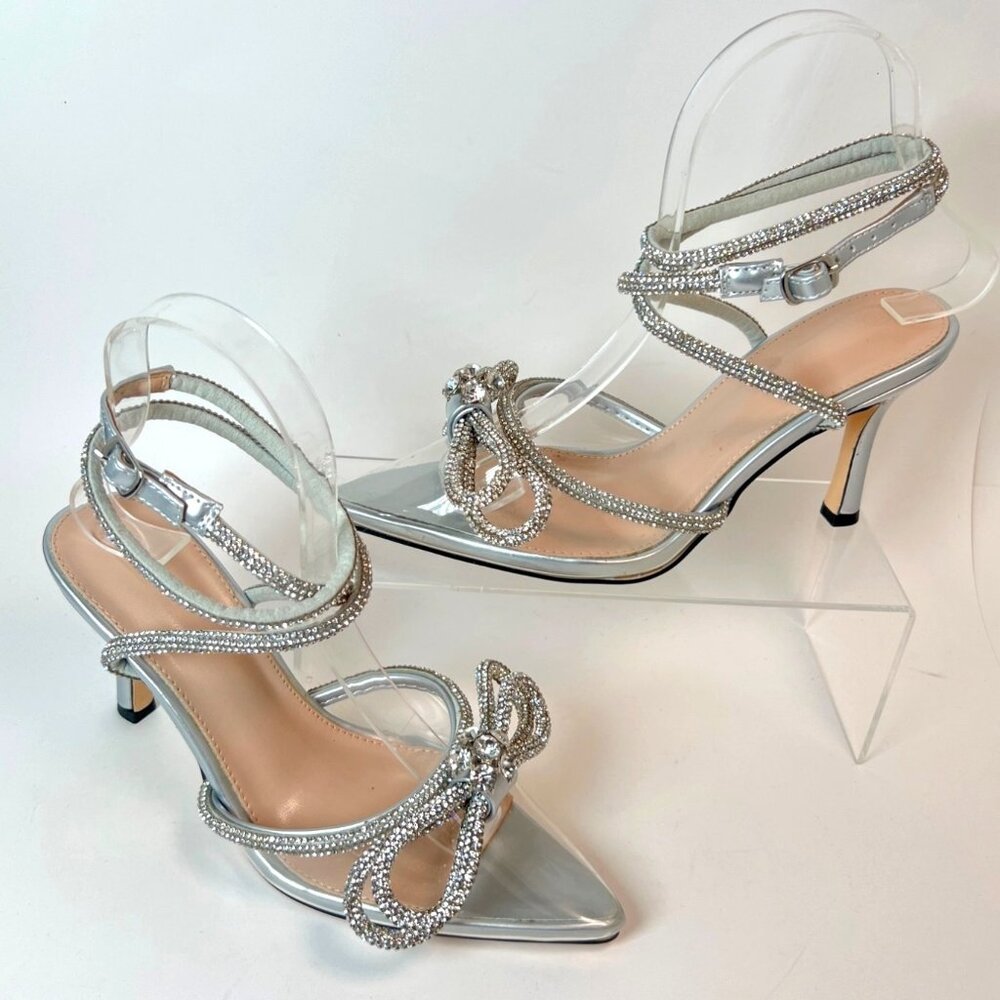 Silver Rhinestone Pointed Toe  Heels High Strappy  Bow Sandals Women Size 5.5